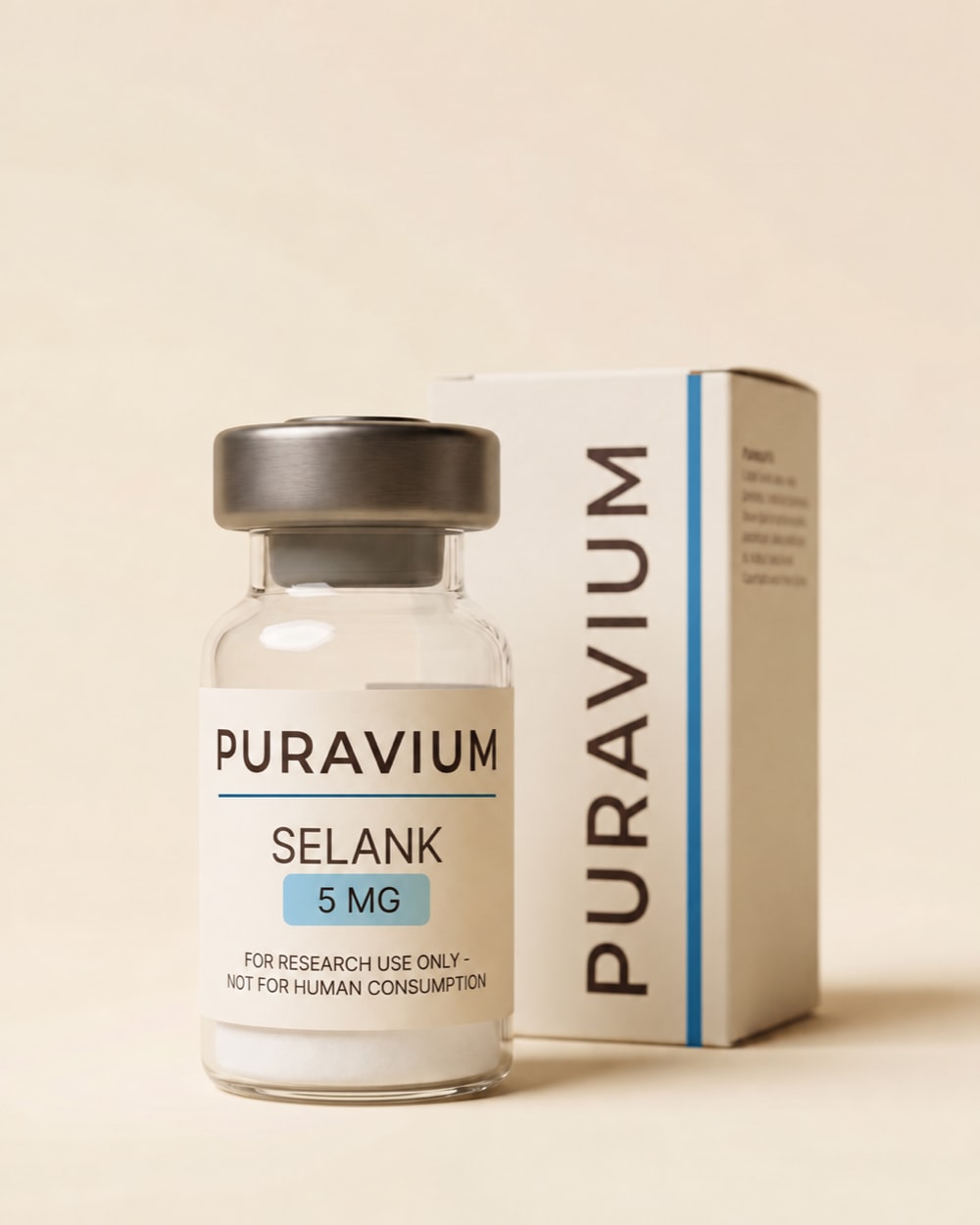 Selank research vial, dark studio photograph