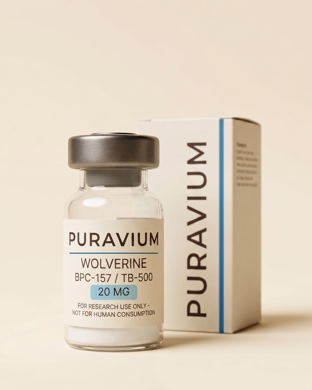 BPC-157 / TB-500 research vial, dark studio photograph